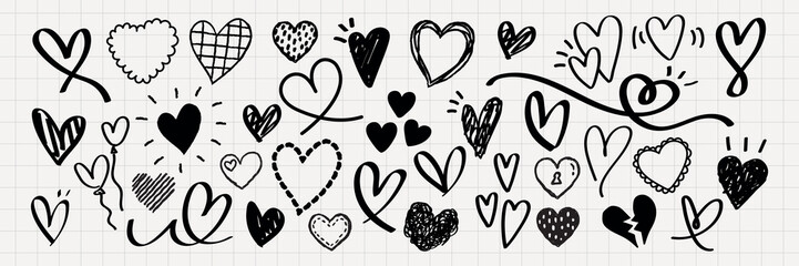 Doodle hearts in black and white heart doodles, hand-drawn heart patterns, whimsical heart sketches, diverse heart designs, playful heart illustrations. Hand drawn Valentine's Day vector.