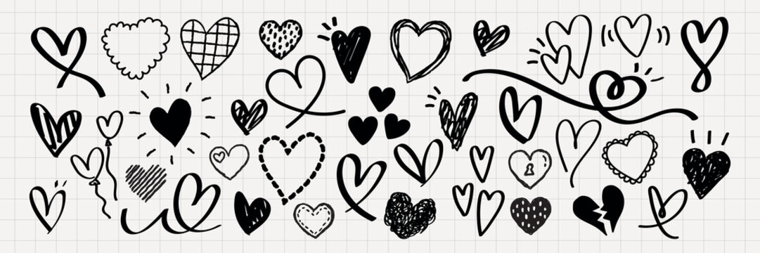 Doodle hearts in black and white heart doodles, hand-drawn heart patterns, whimsical heart sketches, diverse heart designs, playful heart illustrations. Hand drawn Valentine's Day vector.
