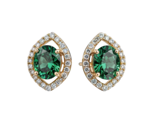 Elegant gold earrings feature emeralds surrounded by sparkling diamonds.