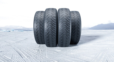 Winter tires standing on ice and snow 3d