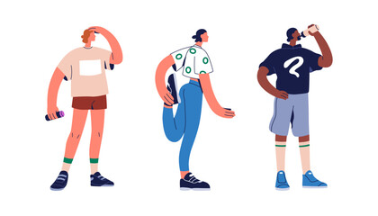 Active jogger, athlete characters stretching, warming up, drinking water. Healthy people in sportswear with bottles. Runners in activewear. Flat vector illustration isolated on white background.