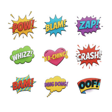 Nine Comic Book Sound Effect Burst Words Including Pow Blam Zap Whizz Ka Ching Crash Bam Ding Dong Oof