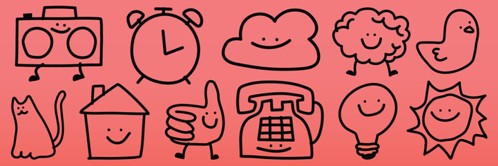 Playful doodles of smiling objects like a clock, cloud, and sun. Cute doodles with happy faces, including a cat and a house. Fun, cheerful doodles on a pink background. Cute doodle icons vector set.
