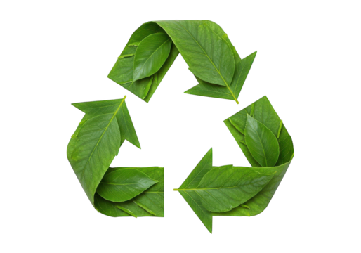 Green leaves form the recycling symbol on a black background.