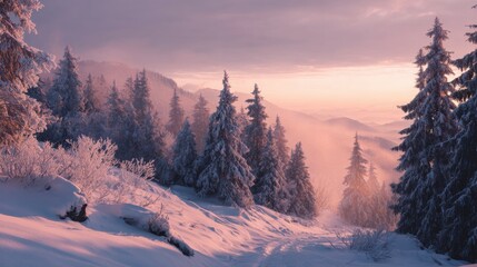 snowy mountain forest at pink sunrise,