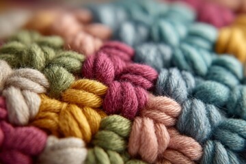 Close-up image displaying the intricate details and vibrant colors of a crocheted fabric, showcasing a soft and textured surface with a circular design, crafting hobby