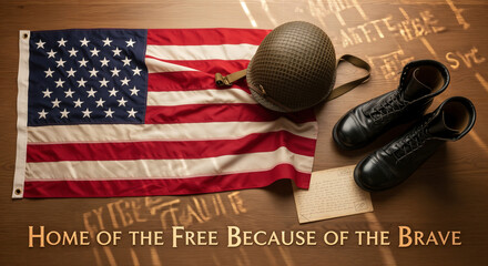 Home of the Free Because of the Brave the legacy of service in a flag, helmet, and black boots a solemn Veterans Day tribute
