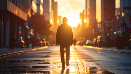 Man walking alone on a city street during a vibrant sunset.