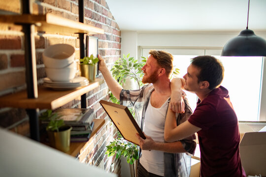Gay couple decorating new home