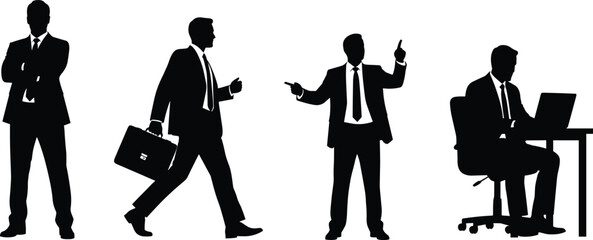 Businessman silhouette, standing, walking, presenting, working, office posture, professional activity, vector icons, black figures, corporate gesture, isolated design