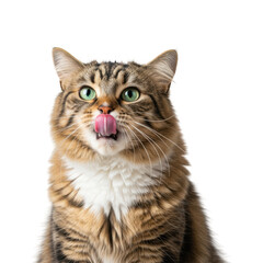 Fototapeta premium A domestic cat with green eyes licks its nose with a pink tongue.