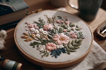 Beautiful floral embroidery art piece in hoop with muted pink, white, and green floral design, creating a calming and elegant handcrafted aesthetic on wooden surface.