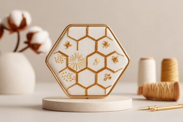 Elegant embroidery art featuring a honeycomb pattern with delicate bee designs, set against a soft, neutral background, showcasing textile craftsmanship and artistry.
