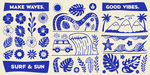 Collection of blue tropical and surf elements with text over beige background © SreemotiRaba