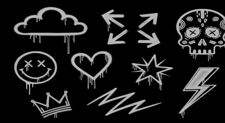 Graffiti style icons set cloud skull heart star lightning bolt crown smiley face symbols