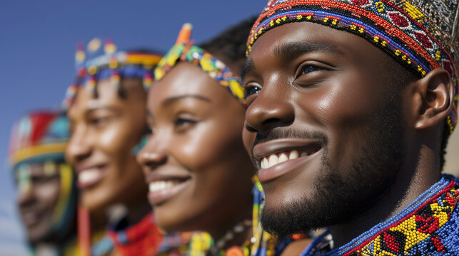 Happy Zulu people smiling together in traditional attire during Umkhosi Wokweshwama celebration
