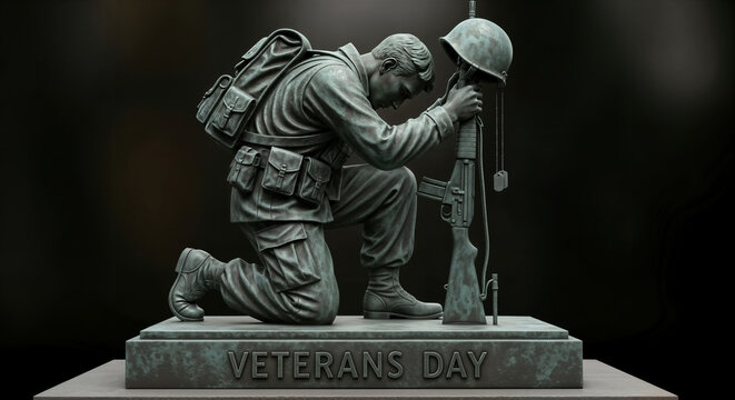The Kneeling Hero bronze statue for Veterans Day honoring the fallen in a gesture of sacrifice and grief.