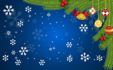 Christmas blue background with branches and snowflakes