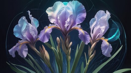 Three irises with purple and white petals and yellow accents against a dark background with green leaves