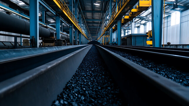 A low-angle shot shows parallel industrial conveyors filled with dark material, set against a backdrop of blue steel supports and beams, capturing the essence of industrial activity.