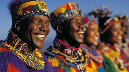 Joyful Zulu men and women in colorful traditional clothing at Umkhosi Wokweshwama festival