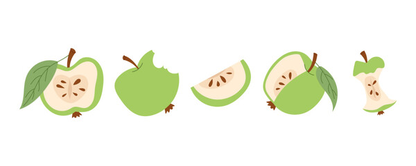 Green apples flat vector set. Fresh fruit collection with slices and leaves isolated on white background.