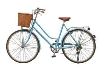 Light blue bicycle with a wicker basket and rear rack.