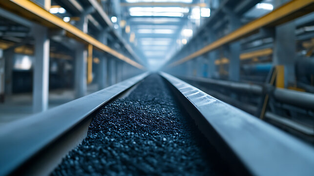 Endless industrial conveyor belt carrying processed material in a factory setting. The converging parallel lines emphasize depth and continuity of the industrial process.
