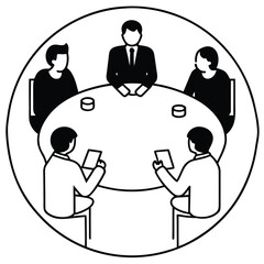 Business teamwork concept with stick figure icons of people and office symbols