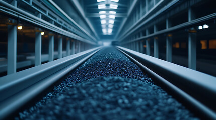 A conveyor belt stretches into the distance, laden with dark material in an industrial setting, lit by overhead lights and supported by a metal structure. The scene suggests production,