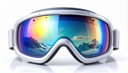 Snow Goggles Reflecting a Mountain Landscape with Colorful Sky