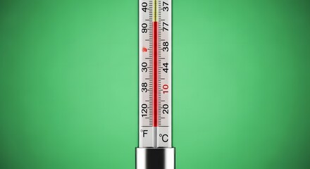 Close up of a thermometer showing temperature readings on a green background.