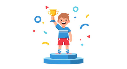 A Cheerful Illustrated Boy Celebrates Victory With a Shining Golden Trophy