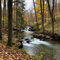 Obraz premium A serene autumnal stream meanders through a forest of vibrant yellow and brown foliage, showcasing a tranquil landscape.