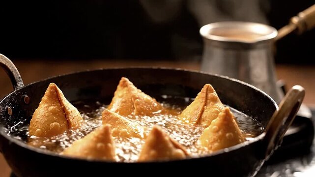 samosas frying in bubbling oil while chai brews nearby, aromatic atmosphere