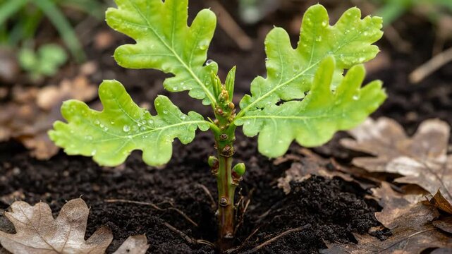Emerging Oak Seedling: A vibrant, new oak seedling sprouts from the rich earth, showcasing its delicate green leaves amidst a carpet of fallen leaves. A testament to nature's resilience.