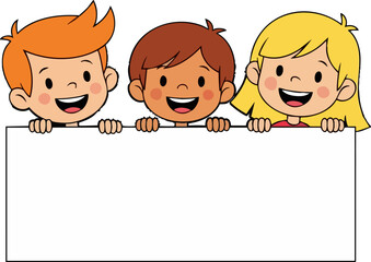 Cheerful kids holding blank sign for your message here