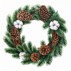 Evergreen Wreath with Pine Cones and Cotton Balls on White Background