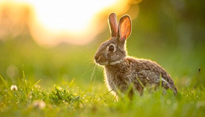 Adorable brown bunny backlit by golden hour sunlight in a field.