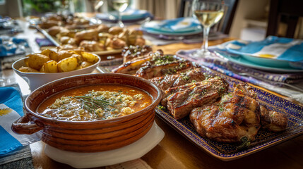 A table setting with soup, potatoes, grilled meat, and wine glasses in a dining setting