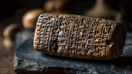 Close up of a cuneiform tablet with ancient inscriptions resting on a dark stone surface