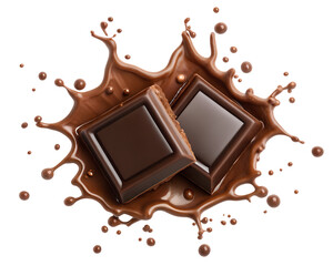 Two squares of dark chocolate splashing into rich liquid chocolate, isolated on transparent background