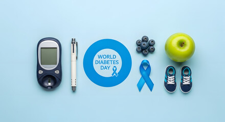 World Diabetes Day awareness flatlay with glucose meter and healthy food