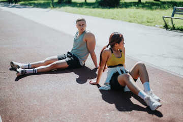 Active and diverse couple taking a break during their outdoor jogging workout, enjoying the warm sunny day and relaxed athletic atmosphere in a comfortable park environment.