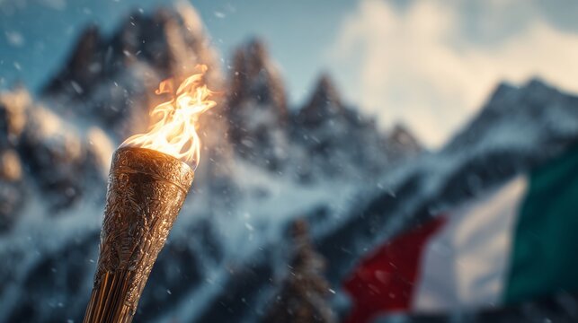 Olympic torch next to the Italian flag with snowy mountains in the background. Winter Olympics concept. - Powered by Adobe