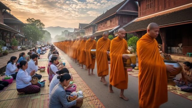 Buddhist monks in procession, receiving alms  People offer food to monks along the street