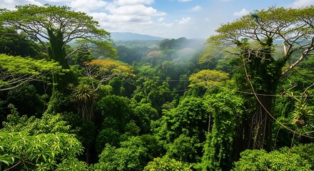Lush greenery fills the dense rainforest canopy, showcasing towering trees and a vibrant landscape.
