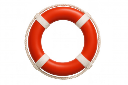 Red lifebuoy with white straps and rope, symbolizing security and support, for nautical safety. Transparent background