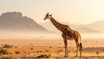 Majestic giraffe stands tall in the African savanna landscape at sunset.