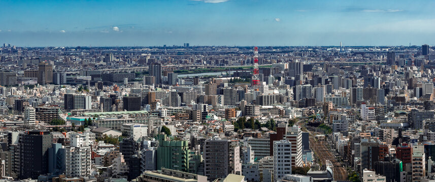 Aerial panorama of Tokyo with Tokyo Tower and Sumida River by day